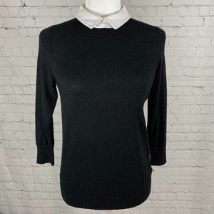 Ann Taylor Black Sweater White Pointed Collar 3/4 Sleeves Women's Small Petite